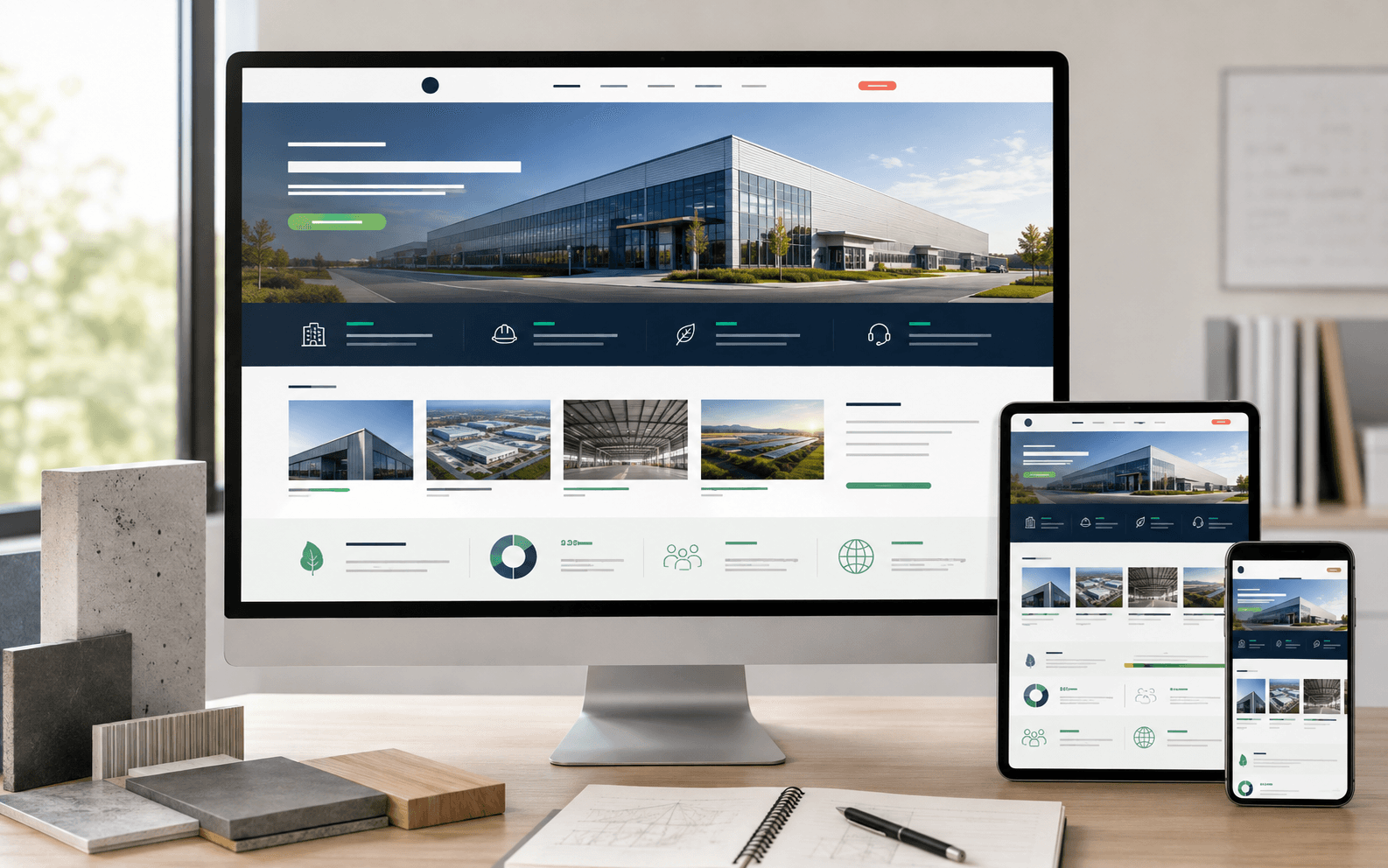 Website giới thiệu công ty hiển thị năng lực, dự án và thông tin liên hệ trên nhiều thiết bị
