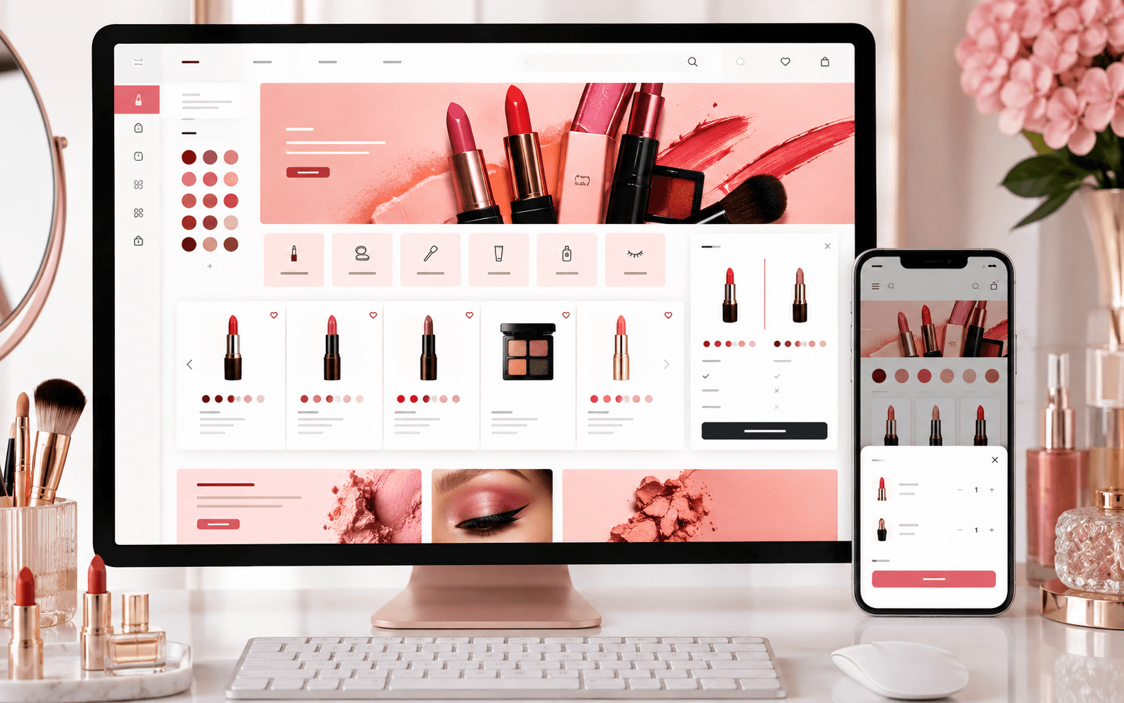 Mẫu website mỹ phẩm makeup với bảng màu son, danh mục trang điểm và giỏ hàng