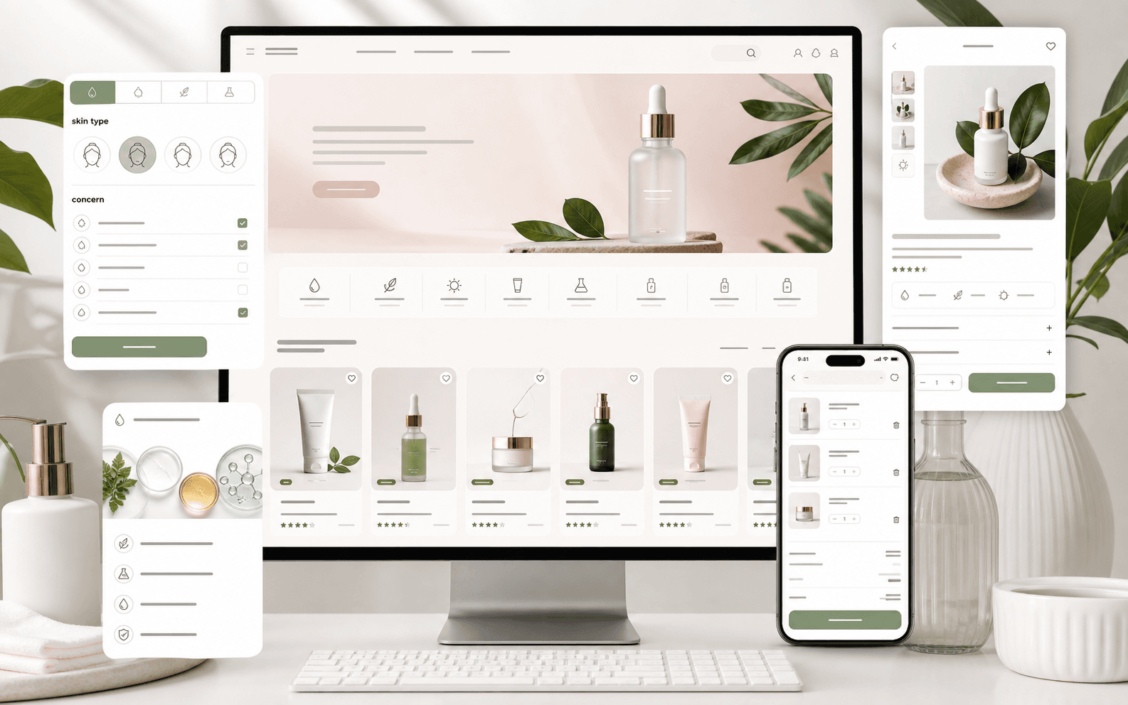 Mẫu website mỹ phẩm skincare với bộ lọc theo loại da, routine finder và trang sản phẩm trên điện thoại