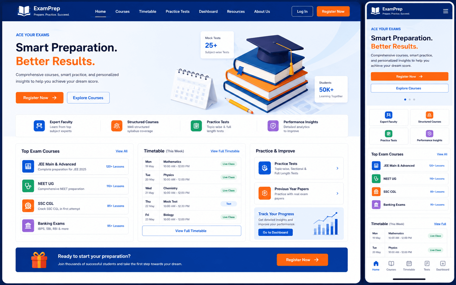 Mẫu website luyện thi có lịch học đề thi và bảng điểm