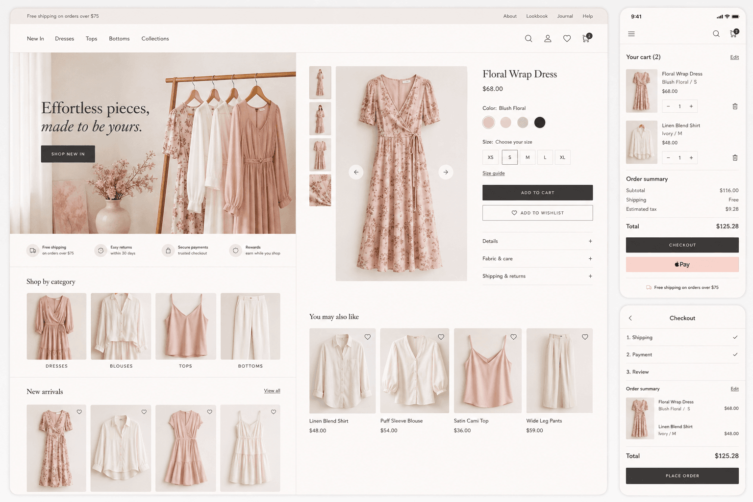 Mẫu website cửa hàng thời trang nữ với đầm, áo, chọn size và giỏ hàng trên điện thoại