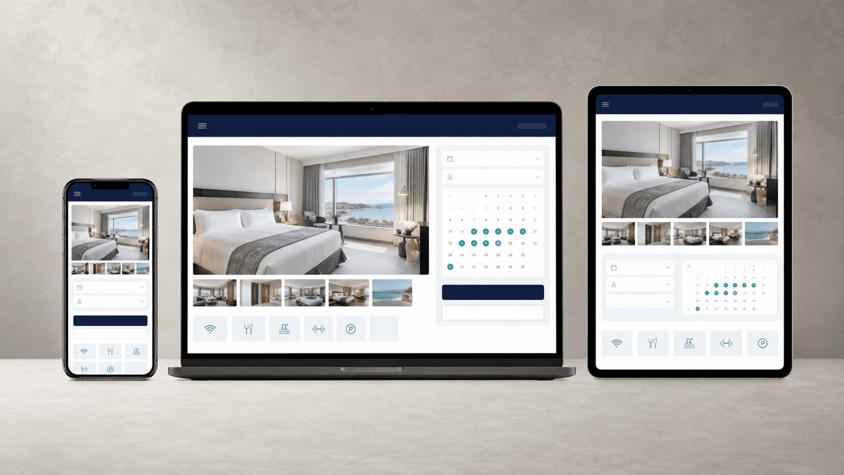 Website khách sạn hiển thị đặt phòng trên desktop tablet và điện thoại