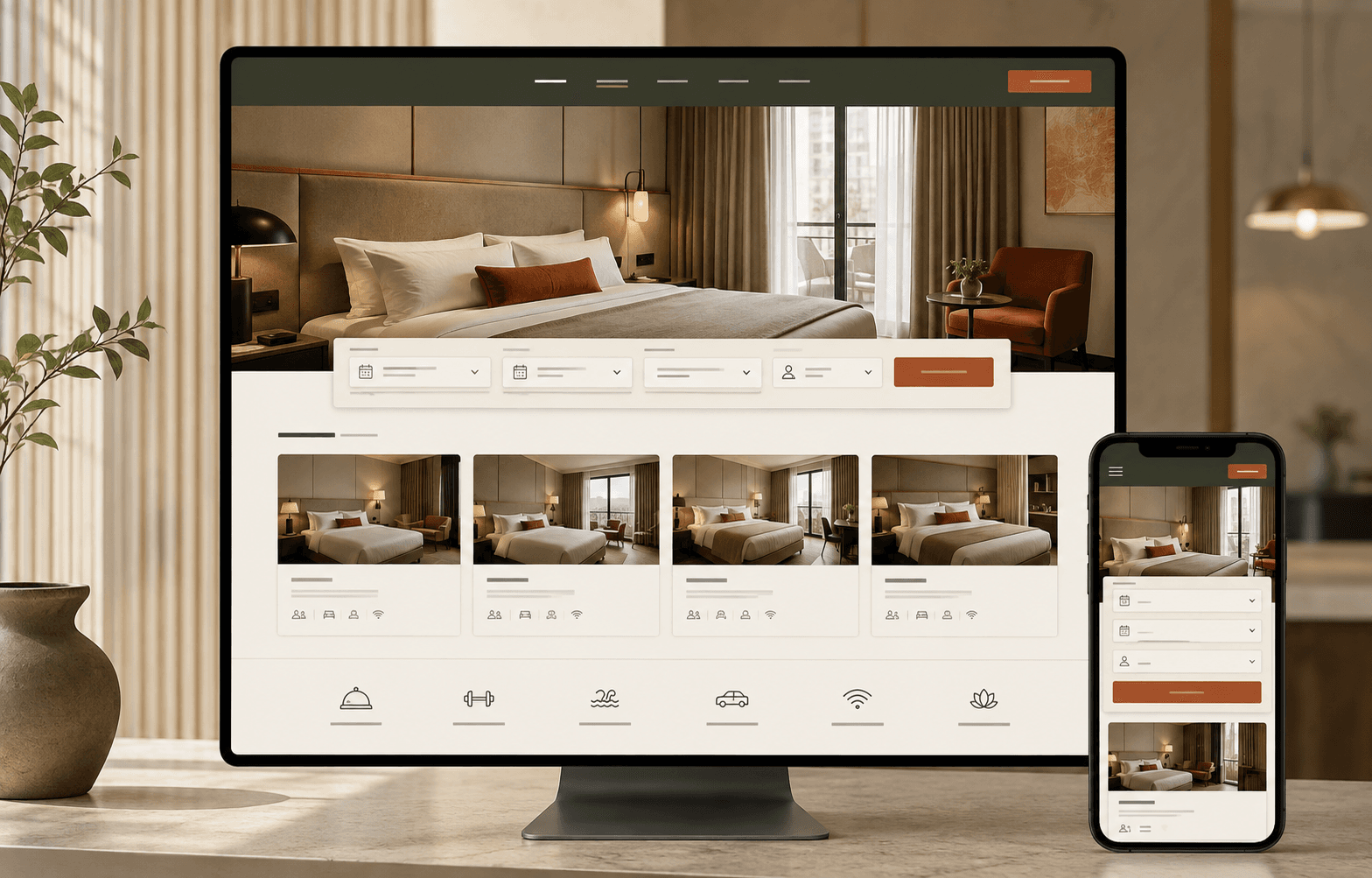 Mẫu website boutique hotel với phòng nghỉ và biểu mẫu kiểm tra ngày trống