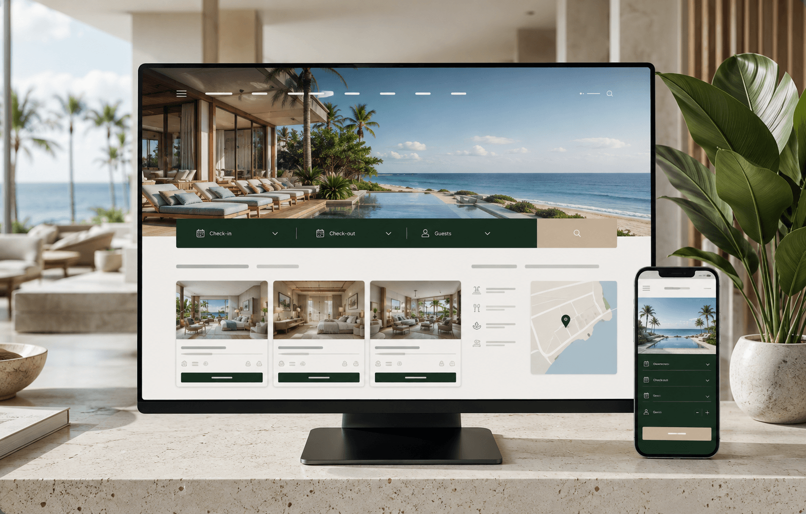 Mẫu website resort biển với thanh kiểm tra phòng trống và giao diện đặt phòng trực tiếp
