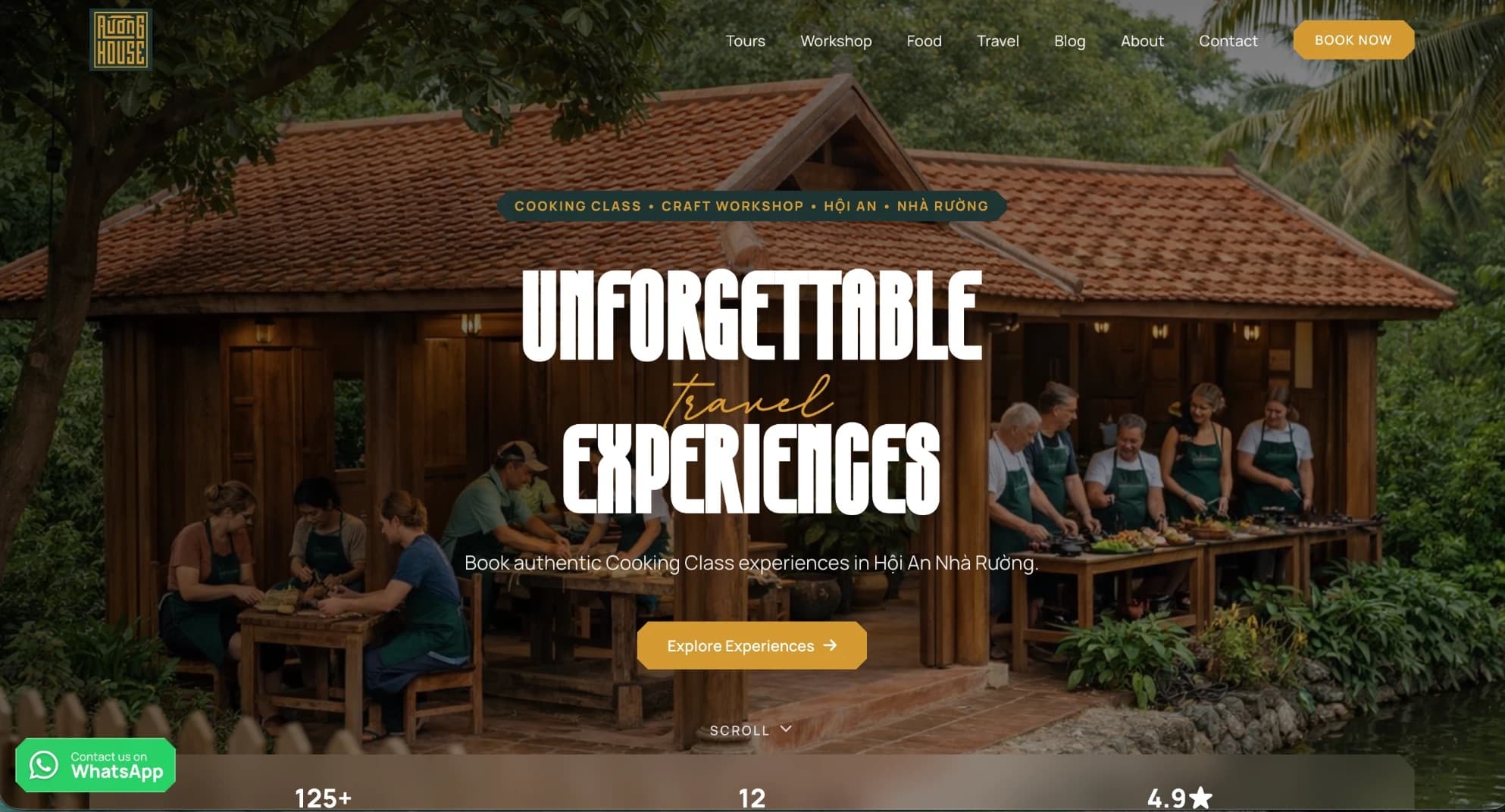 Trang chủ website Ruong House, cooking class và craft workshop tại nhà rường Hội An, với nút Book Now và nút WhatsApp