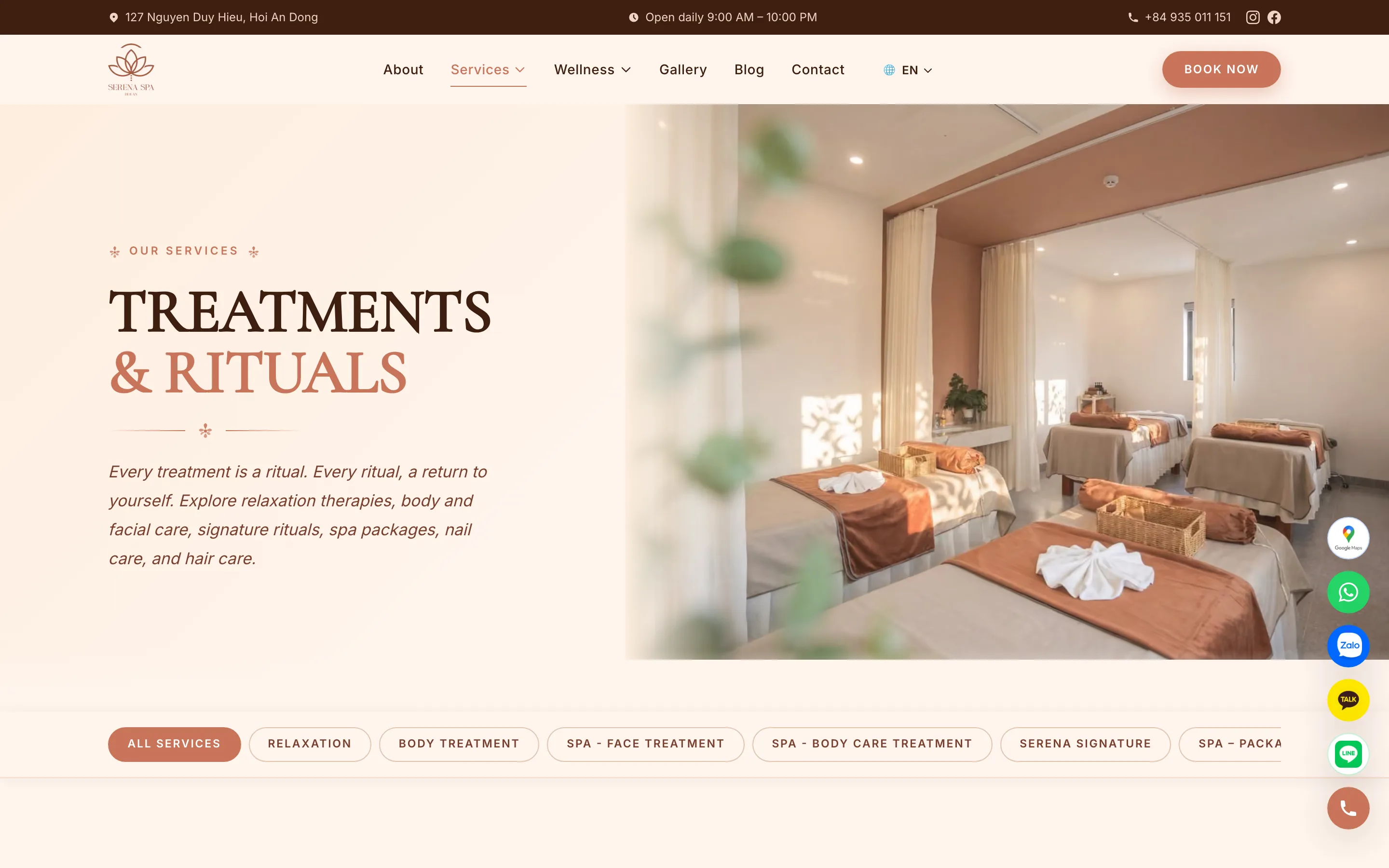 Trang dịch vụ spa Serena Retreat