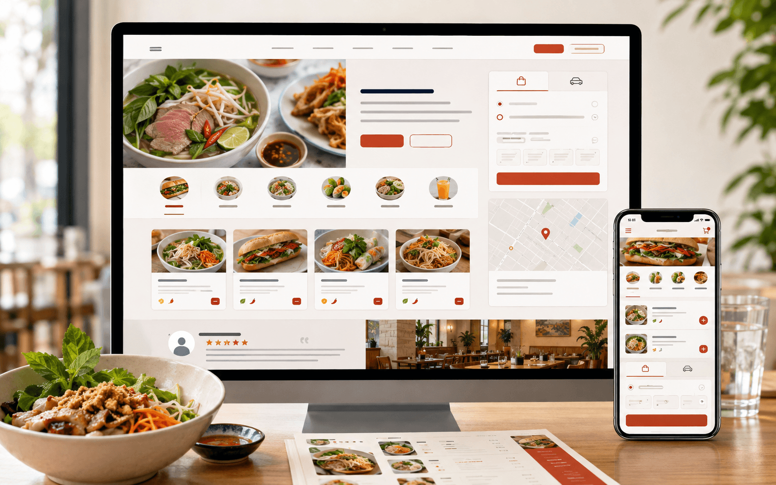 Mẫu website nhà hàng casual với menu trực tuyến, danh mục món và đặt món trên điện thoại