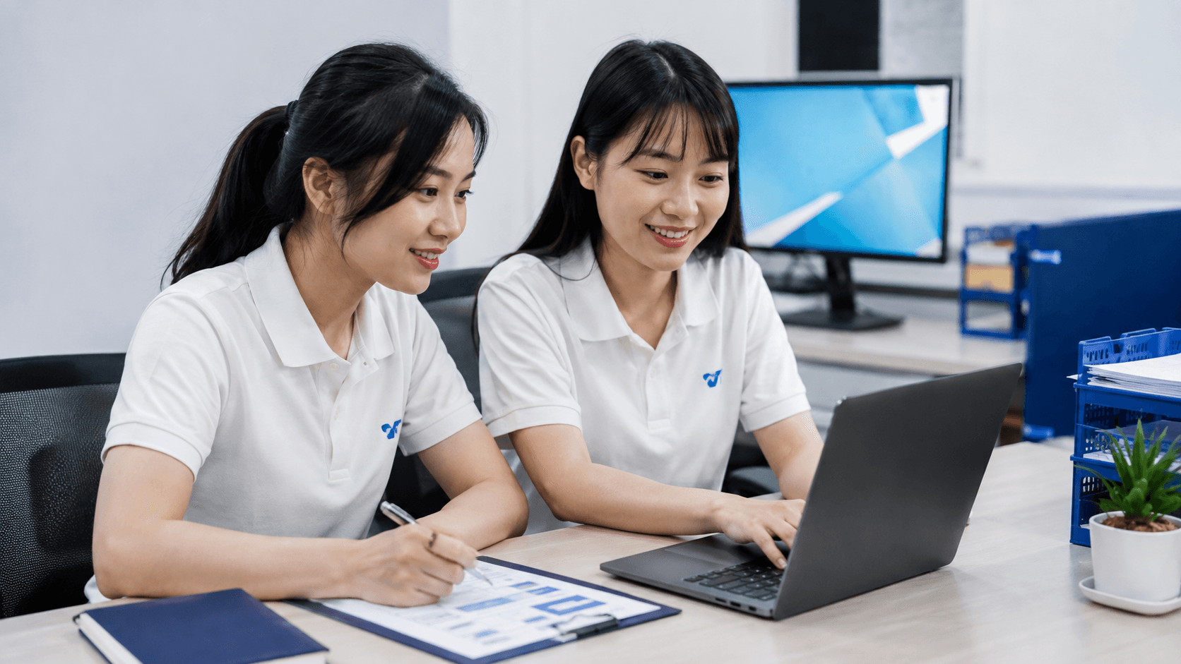 Hai nhân sự Công Thiên hướng dẫn và bàn giao website trên máy tính xách tay