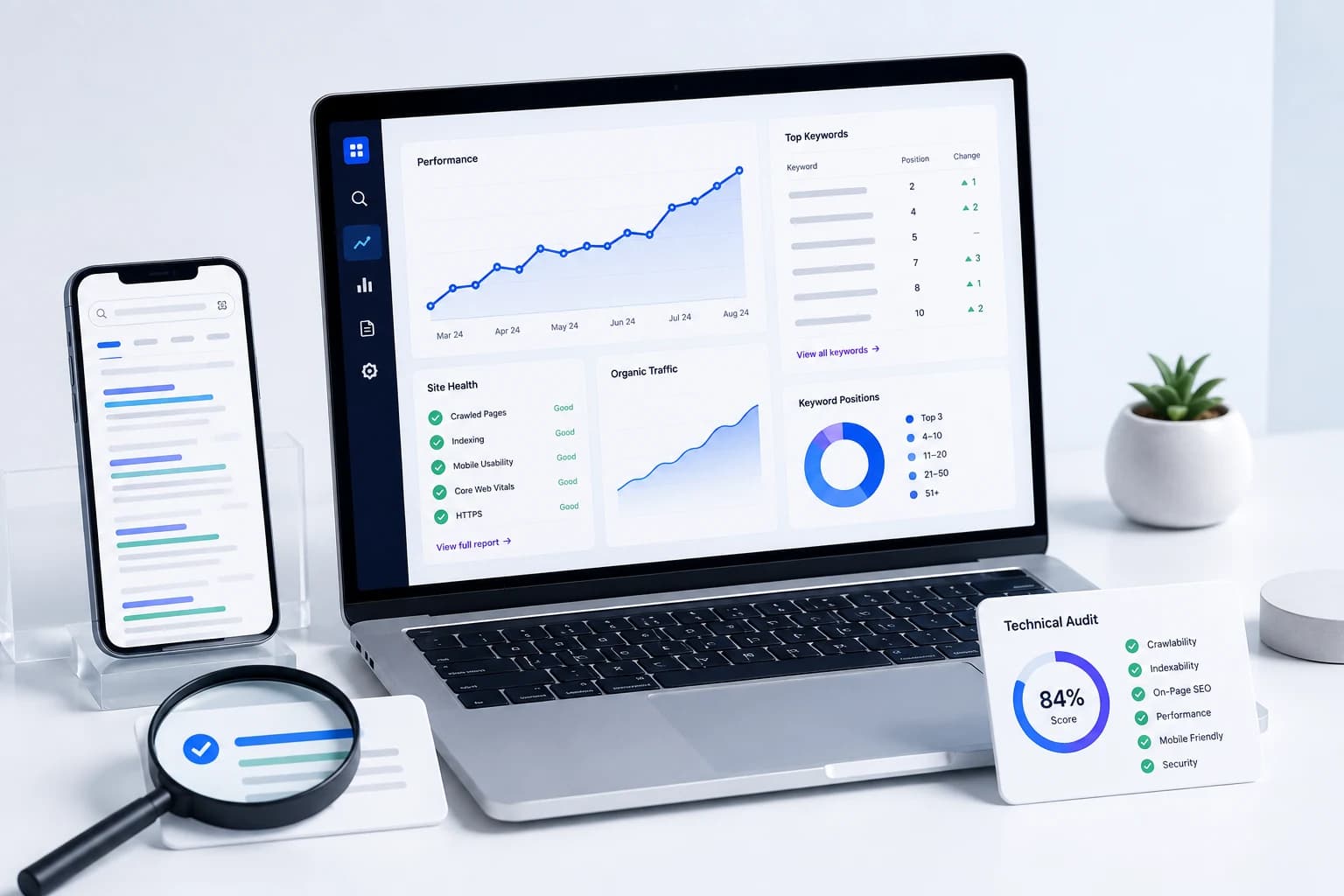 Minh hoạ dịch vụ SEO tổng thể: thứ hạng từ khóa và hiệu suất tìm kiếm