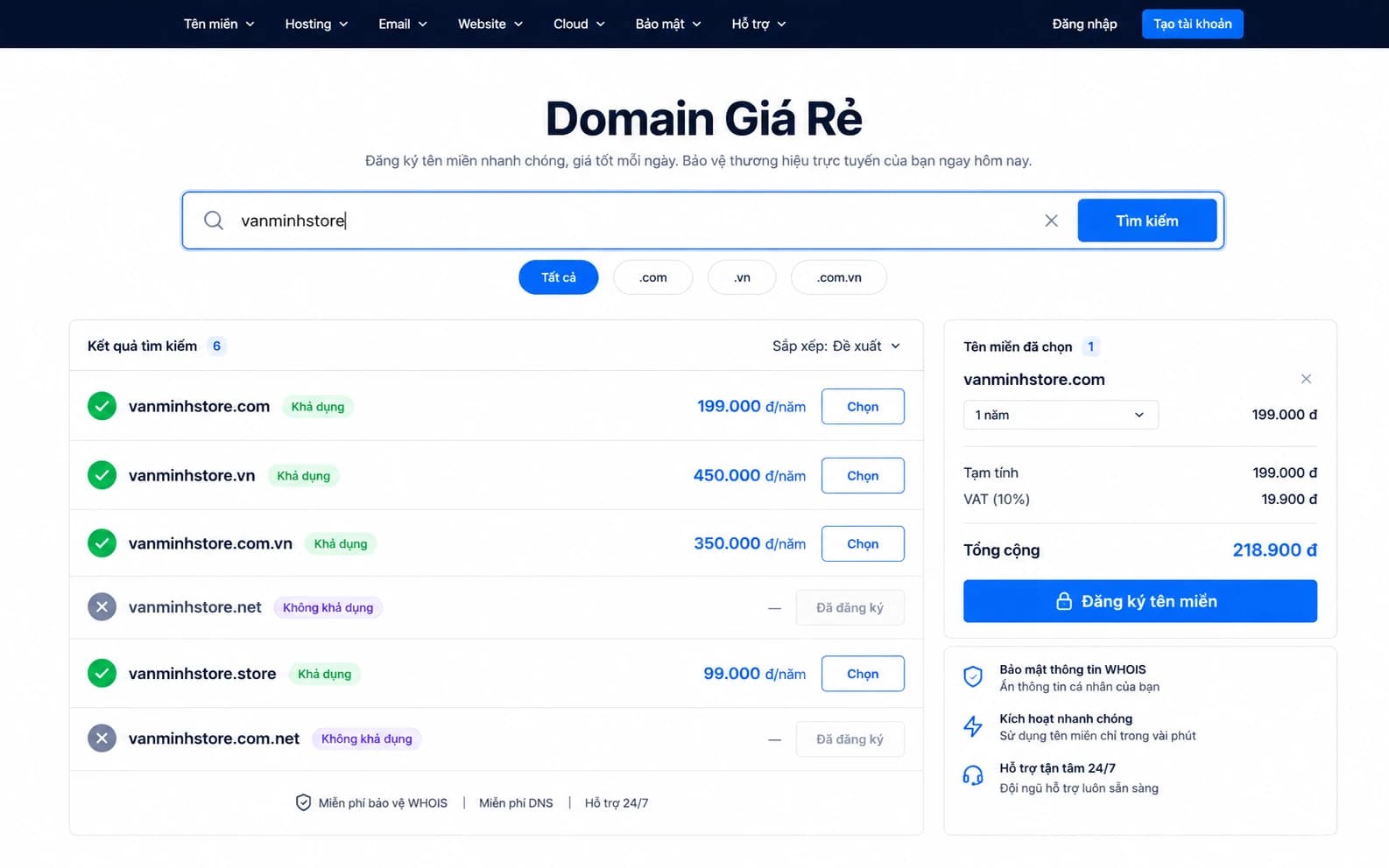 Trang tìm kiếm và đăng ký tên miền Domain Giá Rẻ