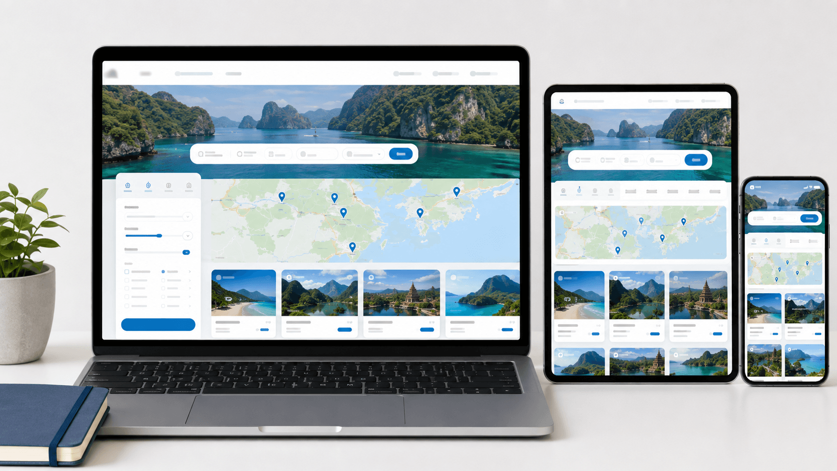 Website du lịch hiển thị bộ lọc tour trên desktop và điện thoại