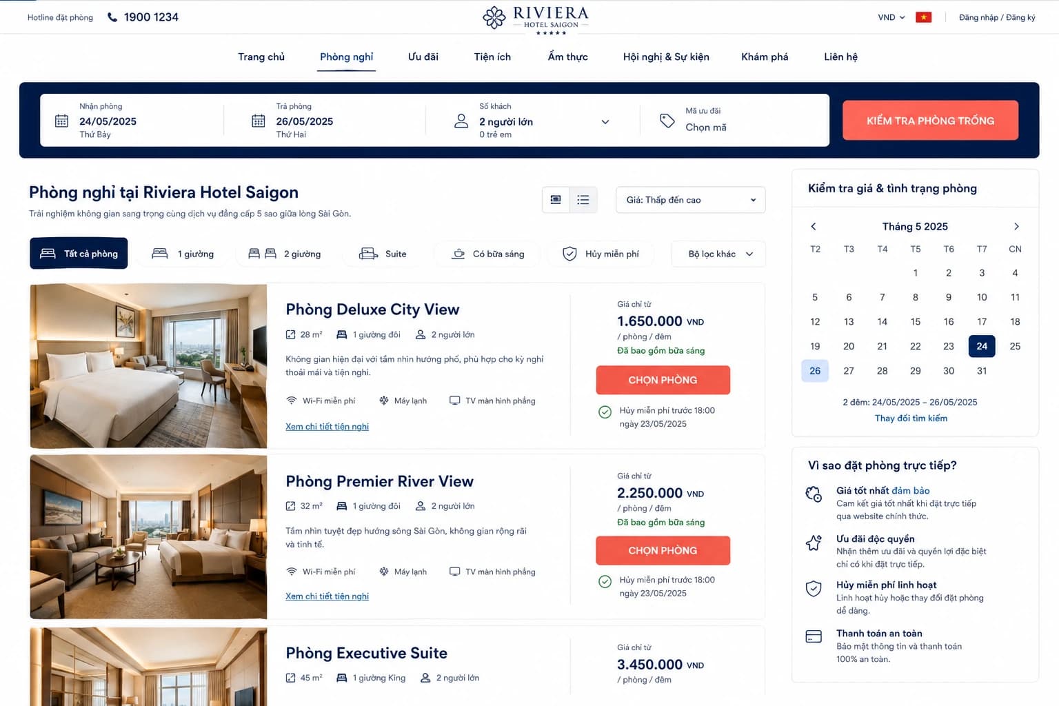 Mẫu website khách sạn với lịch phòng và tiện ích